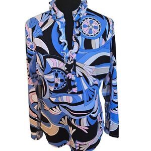 G Lifestyle Womens Abstract Print Ruffle Trim V Neck Top Blouse Multicolor Large